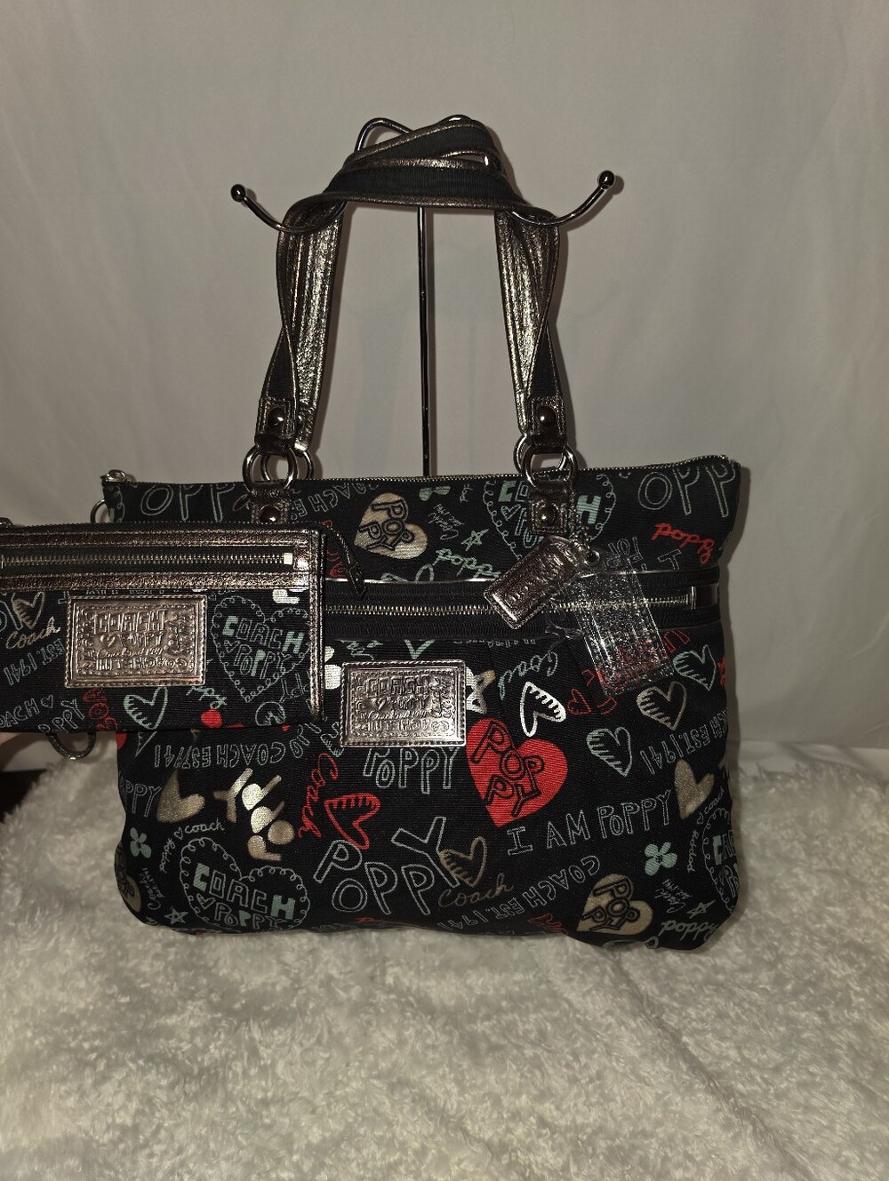 Coach Black Multi Poppy Print Canvas Tote with Metallic Silver Accents